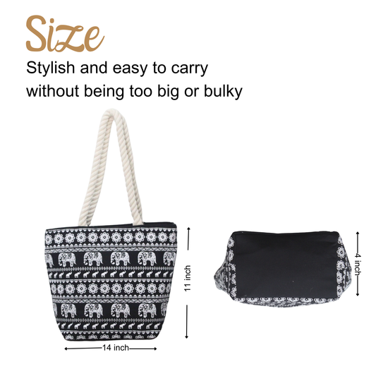 Elephant Print Black Large Canvas Tote Bag For Women