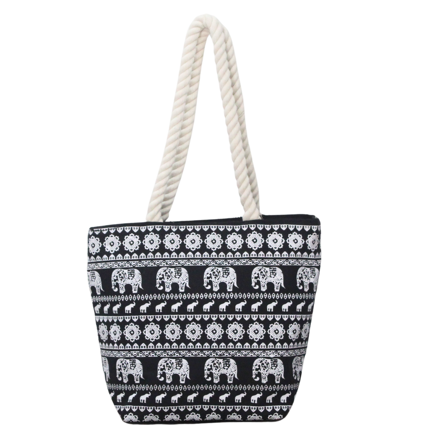 Elephant Print Black Large Canvas Tote Bag For Women