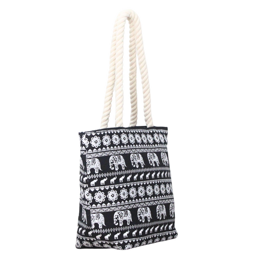 Jamscart Ethnic Elephant Printed Black Tote Bag - 11x14 Inch | Eco-Friendly Lightweight Canvas Shoulder Handbag For Women | Ideal For Reusable Shopping, Daily Use, Office, Travel, Picnic Gifting
