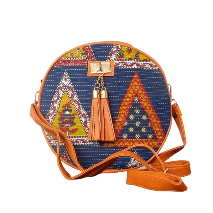Women’s Round Shape Blue Ikkat Applique Print Sling Bag