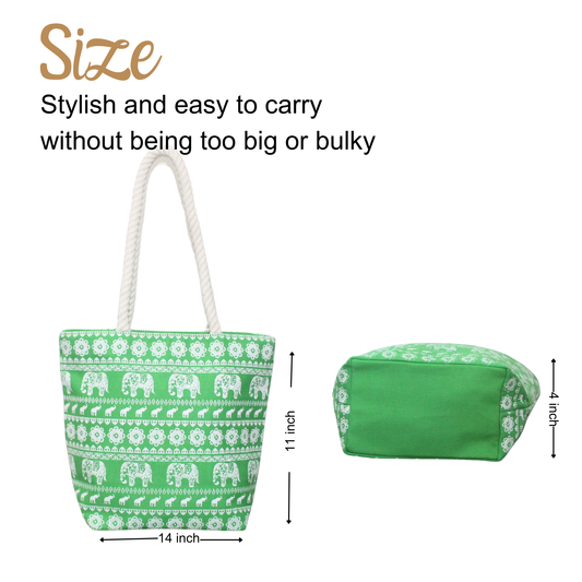 Jamscart Ethnic Elephant Printed Green Tote Bag - 11x14 Inch | Eco-Friendly Lightweight Canvas Shoulder Handbag For Women | Ideal For Reusable Shopping, Daily Use, Office, Travel, Picnic Gifting
