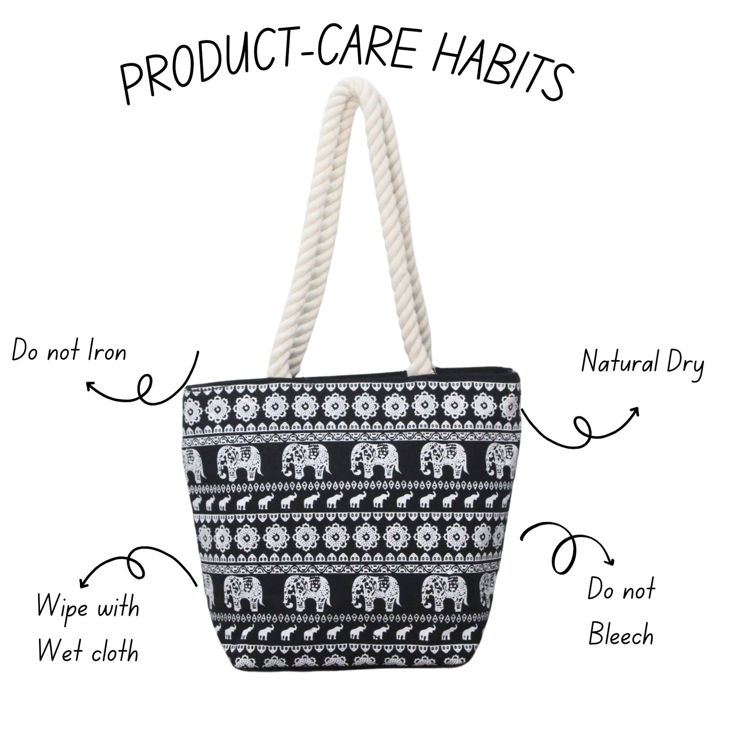 Elephant Print Black Large Canvas Tote Bag For Women